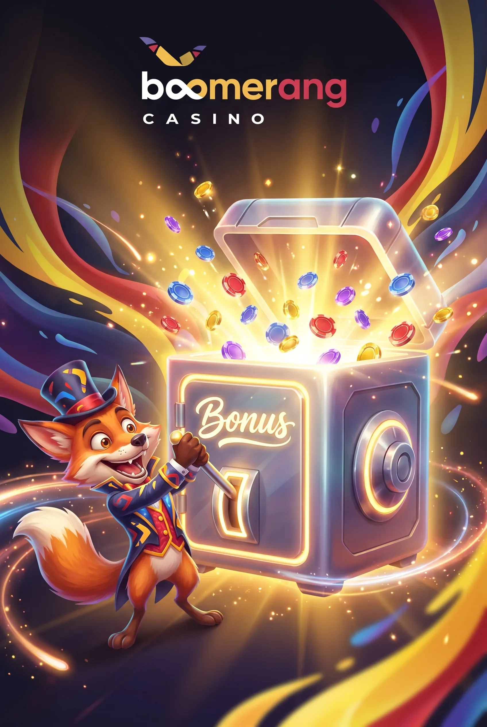 Boomerang Casino-Bonusmotiv mit Tresor, Maskottchen und eingebettetem Logo