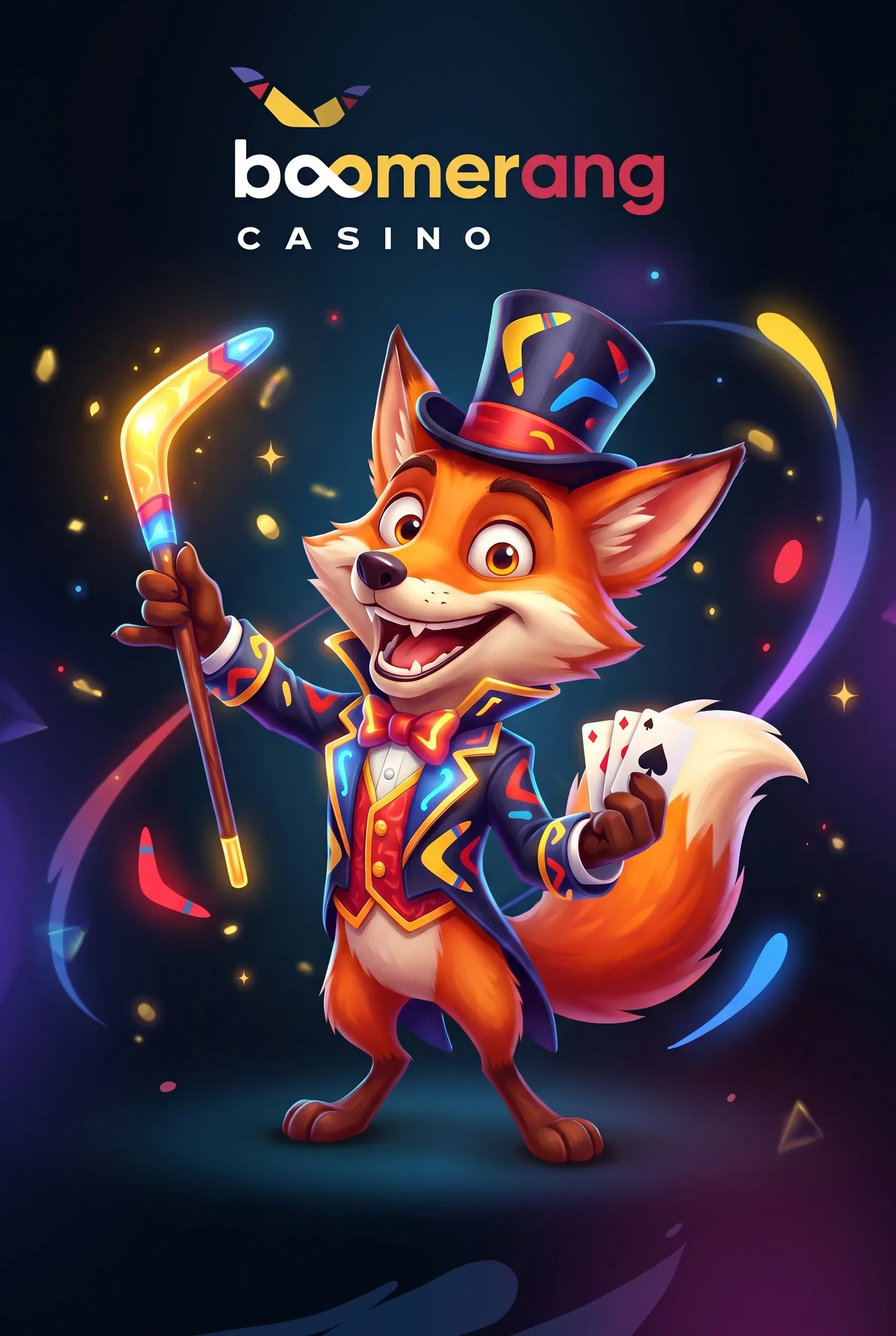 Boomerang Casino-Maskottchen mit Zauberstab, Karten und eingebettetem Logo
