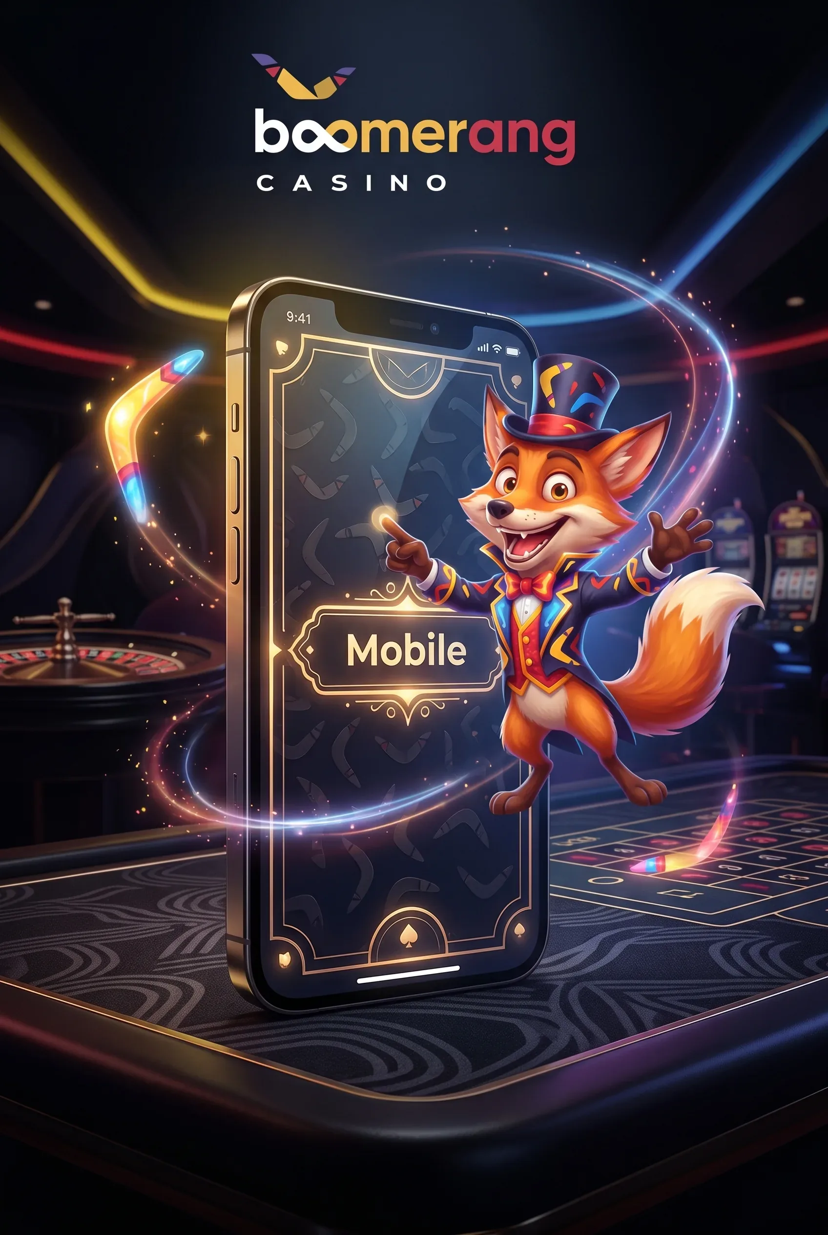 Boomerang Casino-Mobilmotiv mit Smartphone, Maskottchen und eingebettetem Logo