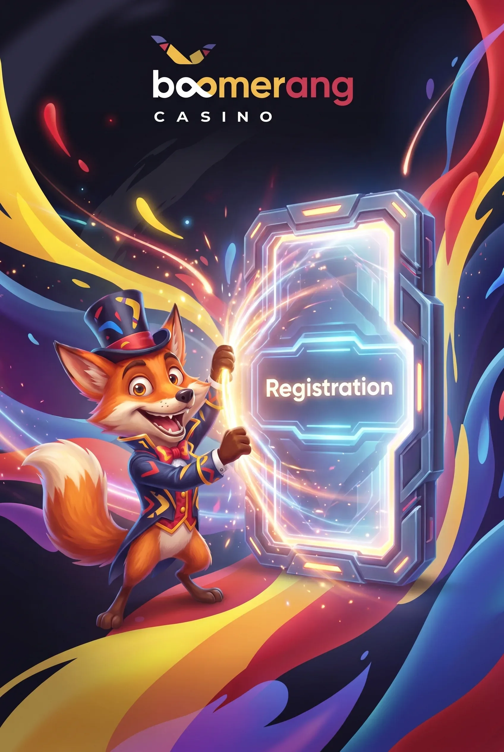 Boomerang Casino-Registrierungsmotiv mit Maskottchen und eingebettetem Logo